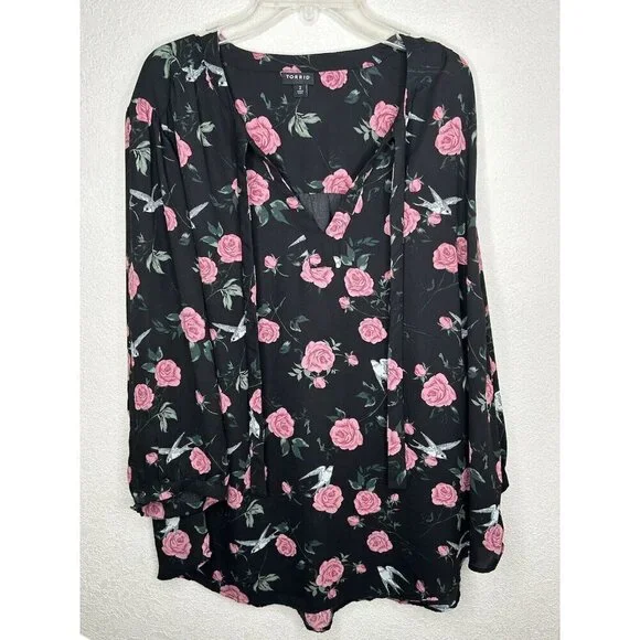 Torrid 2 Top 2X Black Floral Georgette Bow Tie Blouse Birds Sheer Romantic Boho - Picture 2 of 10